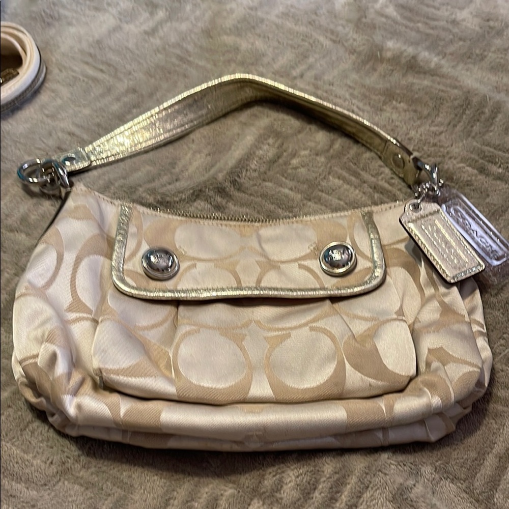 Coach Cream and Gold Shoulder Bag with Signature Monogram